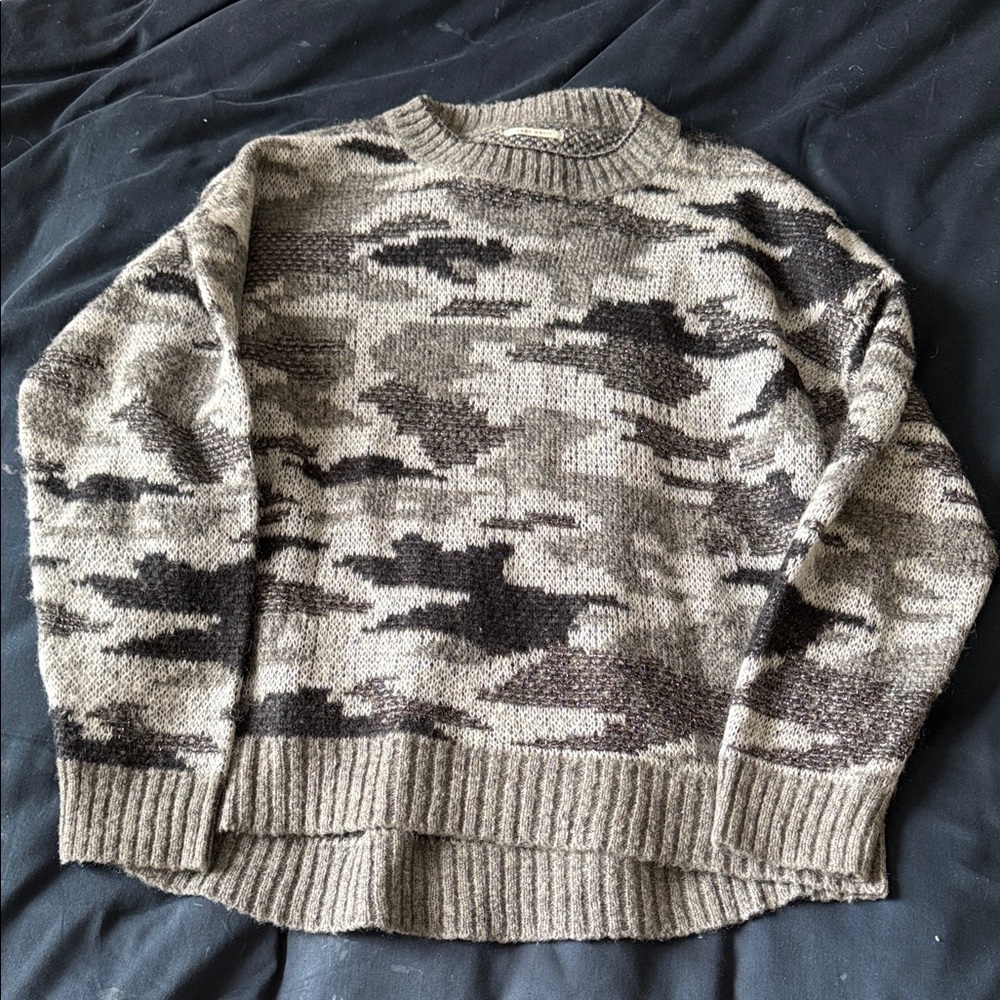 IKKS Taupe and Black Camouflage Crewneck Sweater